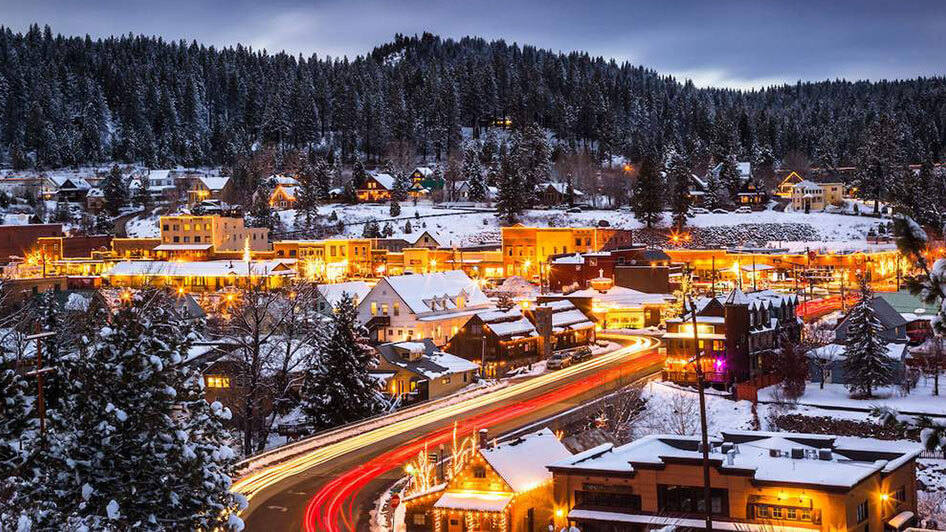 snow-covered truckee california town scape with dental office for sale